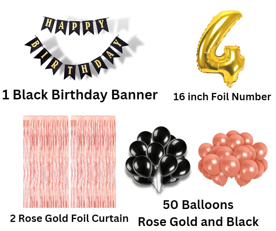 Image of 4th Birthday Decoration items for Girls with Black and Rose Gold Balloons, Black Happy Birthday Banner, Rose Gold Foil Curtain, Foil Balloon number 4