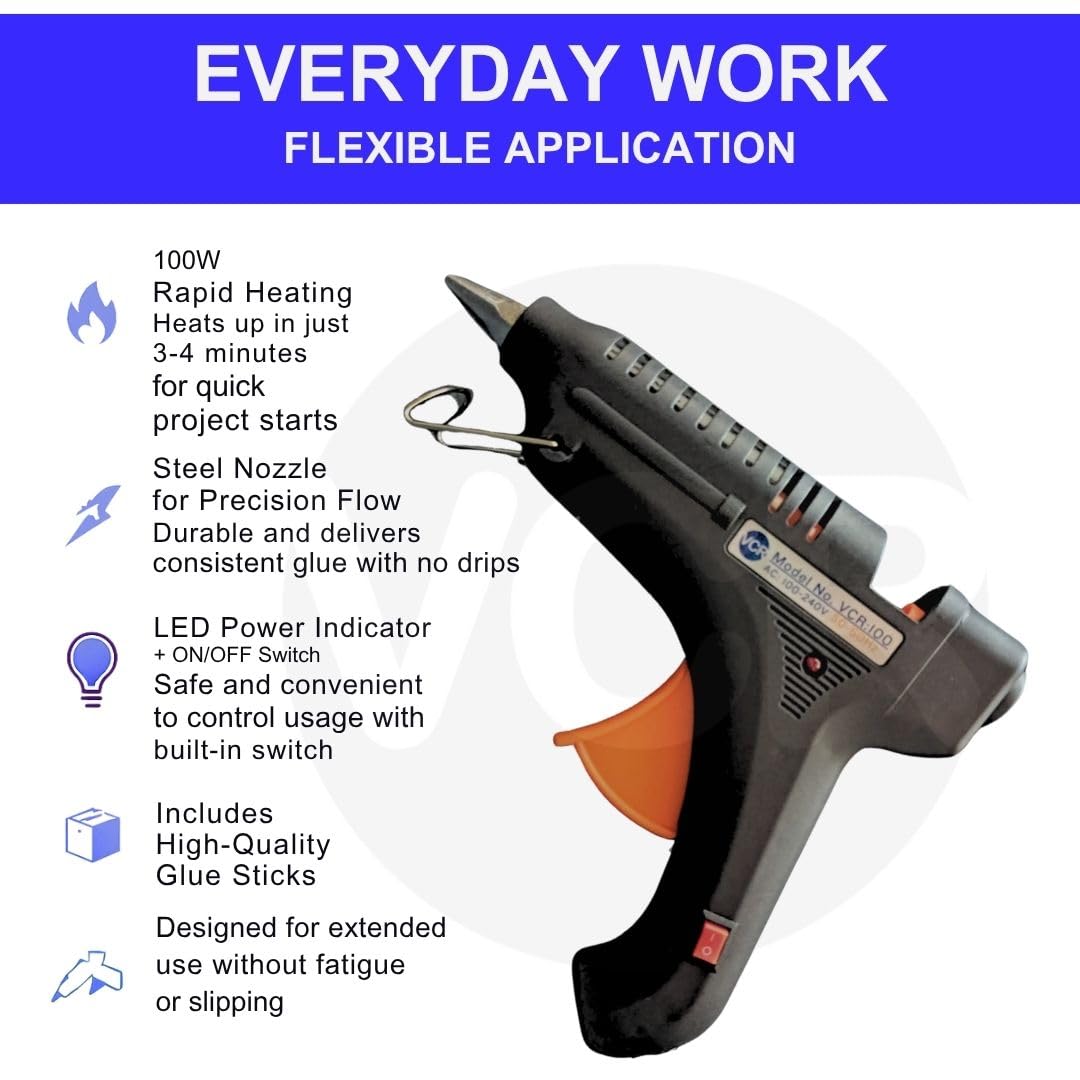 VCR 100W Professional Hot Melt Glue Gun for Crafting & DIY Purpose - 100 Watts - ON/Off Switch for Precise Glue Output - Easy To Use Black Glue Gun + 5 Transparent - 11mm Glue Sticks - VCR 100 - Image 4 thumbnail