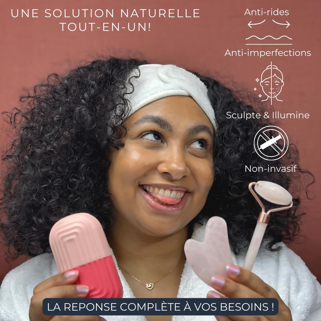 Kit Peau parfaite Gua Sha & Roller Double face LIFEO – Résultat visible en 7 jours ! Quartz Rose Véritable + Moule Glaçon Visage – Massage Anti-Âge, Drainage Lymphatique & Éclat Naturel –