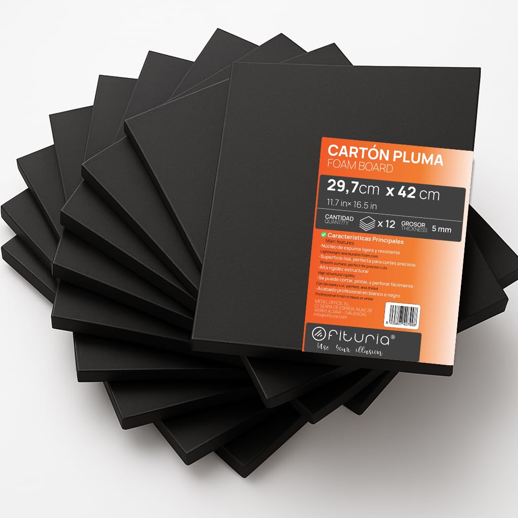 OFITURIA Black Foam Board A3 Adhesive (29.7 x 42 cm), Lightweight and Rigid Polystyrene Sheet, Multi-Purpose Easy Cut Foamboard, Ideal for Crafts and Models, 5 mm Thick