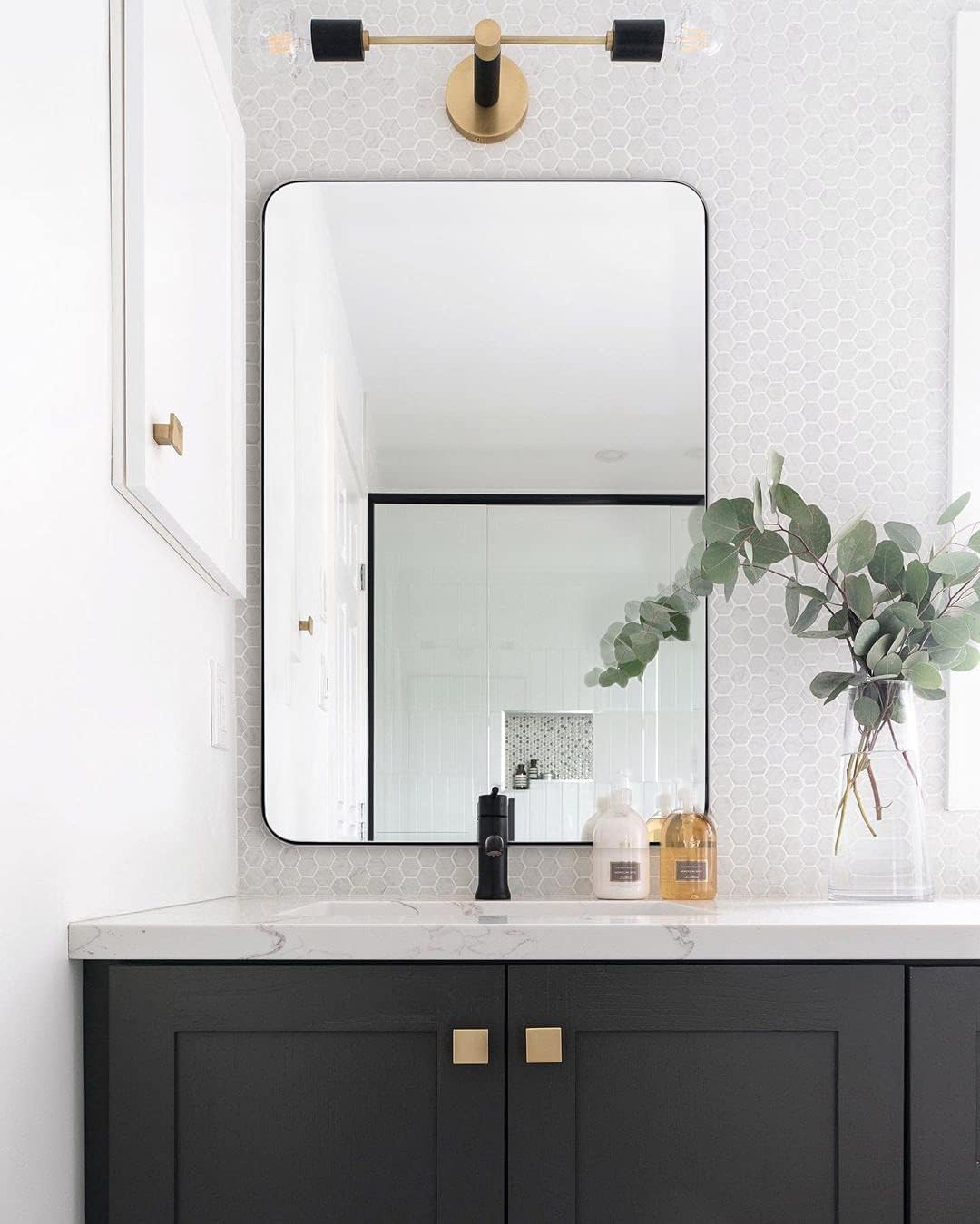 ANDY STAR Wall Mirror for Bathroom, 24x36 Inch Black Bathroom Mirror, Stainless Steel Metal Frame with Rounded Corner, Rectangle Glass Panel Wall Mounted Mirror Decorative for Bathroom : Home & Kitchen