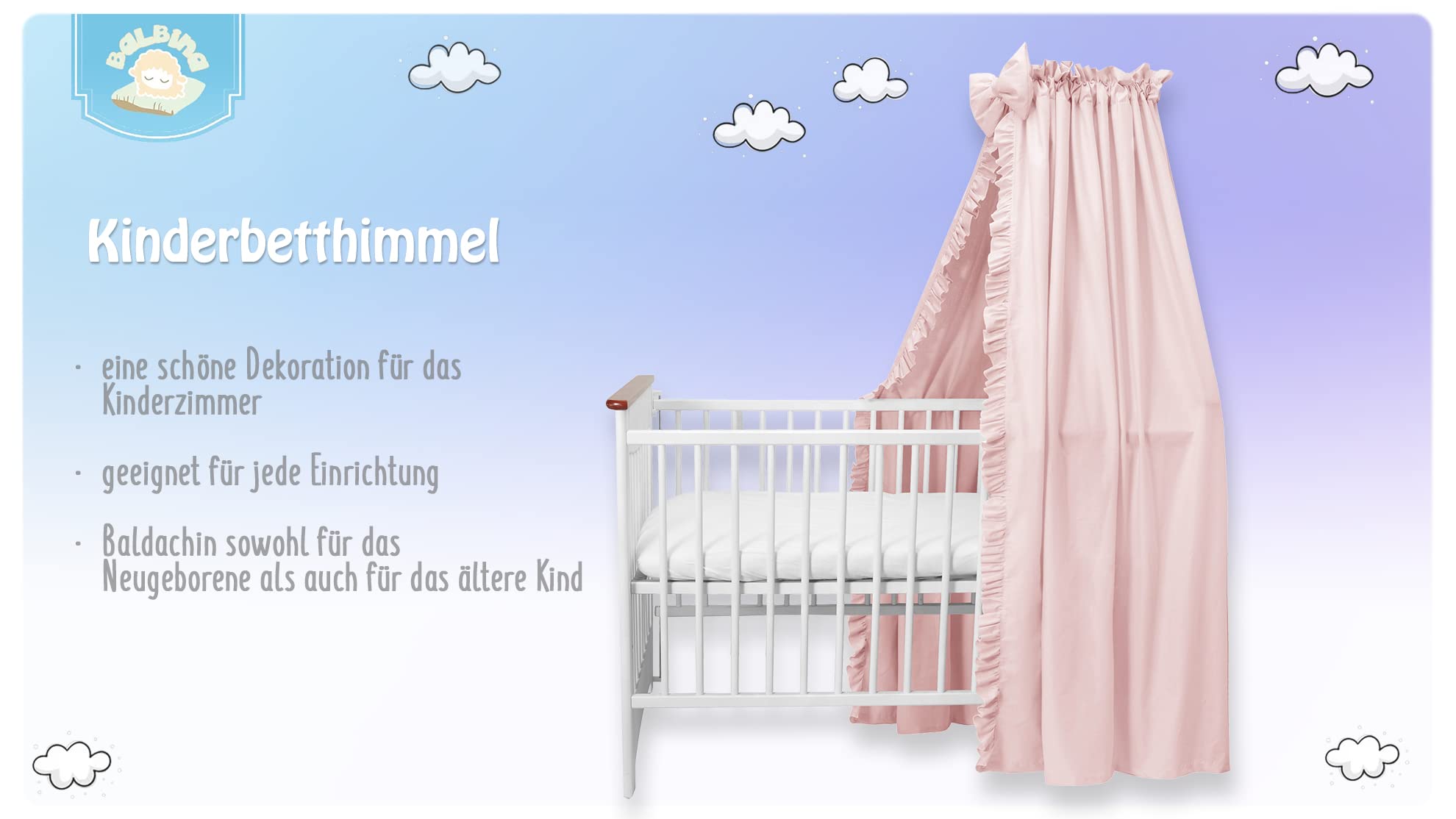 balbina Canopy 100% algodón, Juego Decoración Habitación Niña Niño, Dosel Cama Volantes Lazo, Mosquitera Cortina Opaca 240 x 165 cm, Rosa Pálido