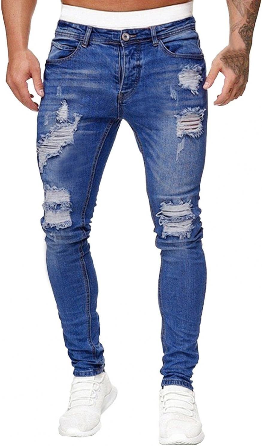 BuetoryFashion Biker Jeans for Men Hippie Ripped Destroyed Stretchy Knee Holes Slim Fit Tapered Skinny Leg Jeans Denim Pants