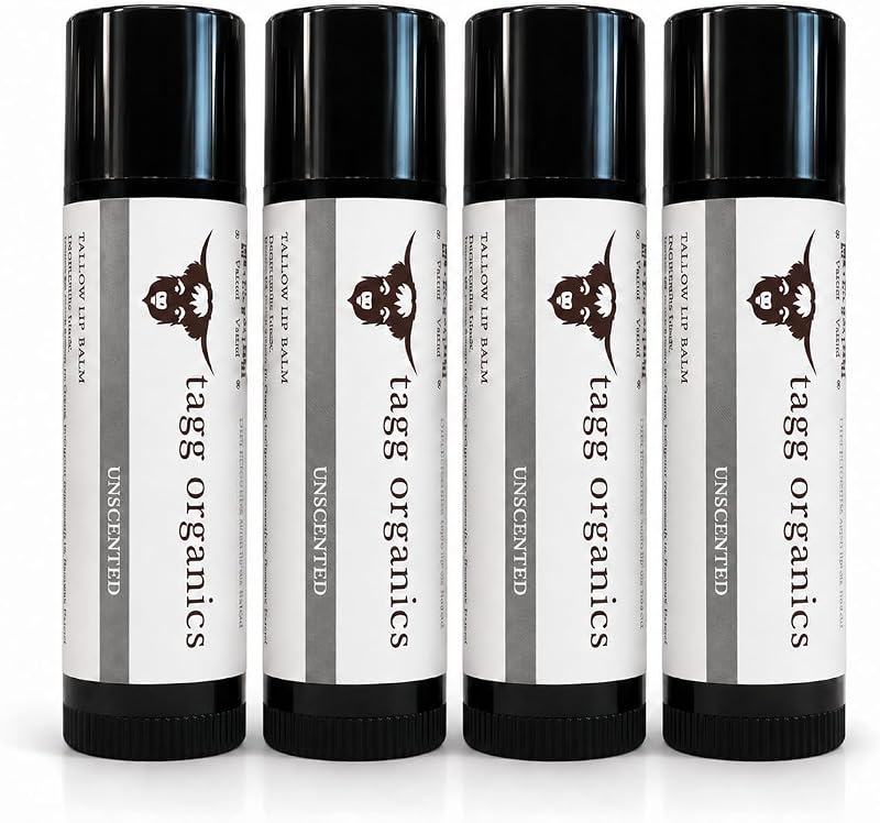 TAGG ORGANICS Bálsamo Labial de Sebo sem Fragrância, com Cera de Abelha, Pacote com 4 unidades