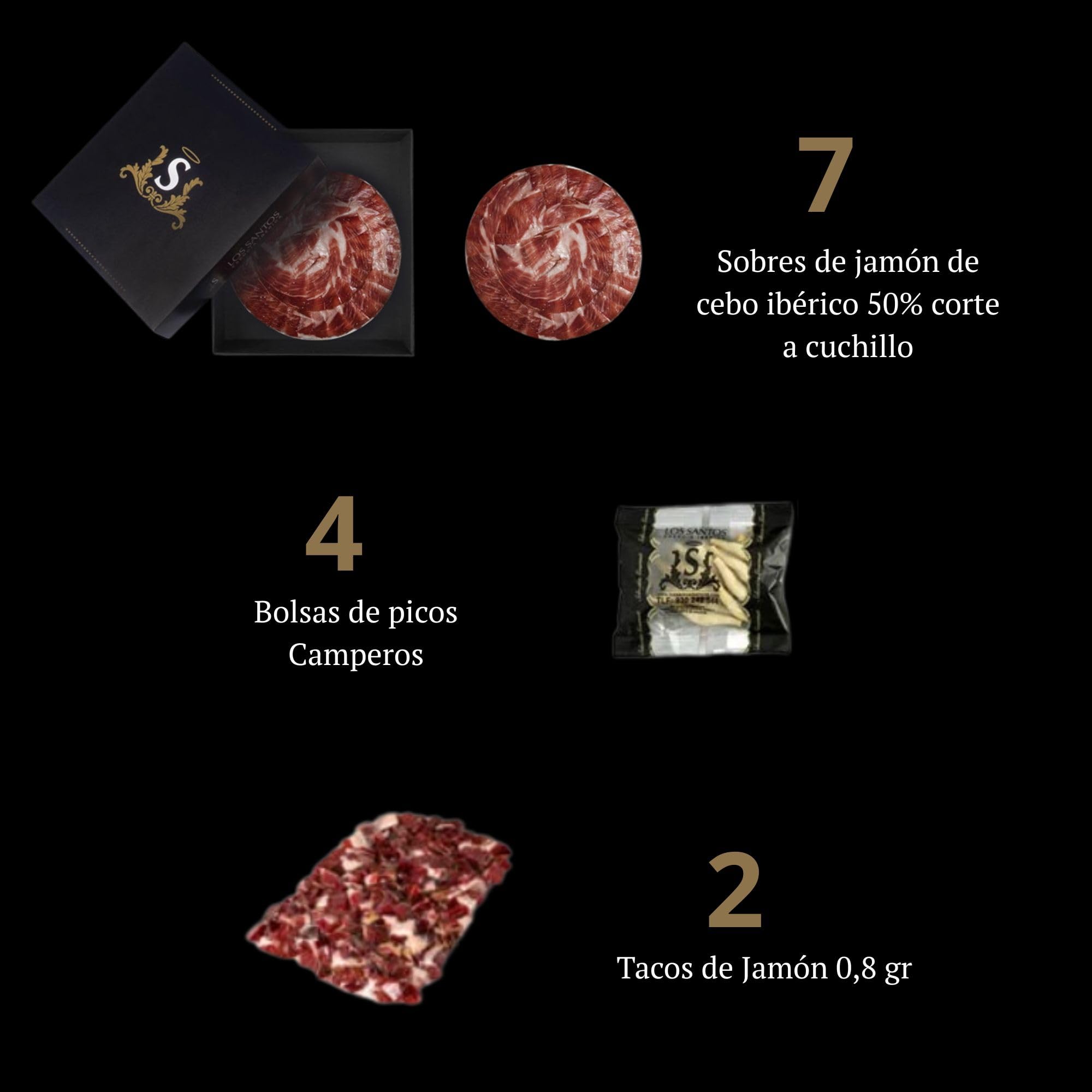 PACK Jamon de cebo iberico 50% corte a cuchillo redondo con taquitos de jamon y picos (7 sobres)