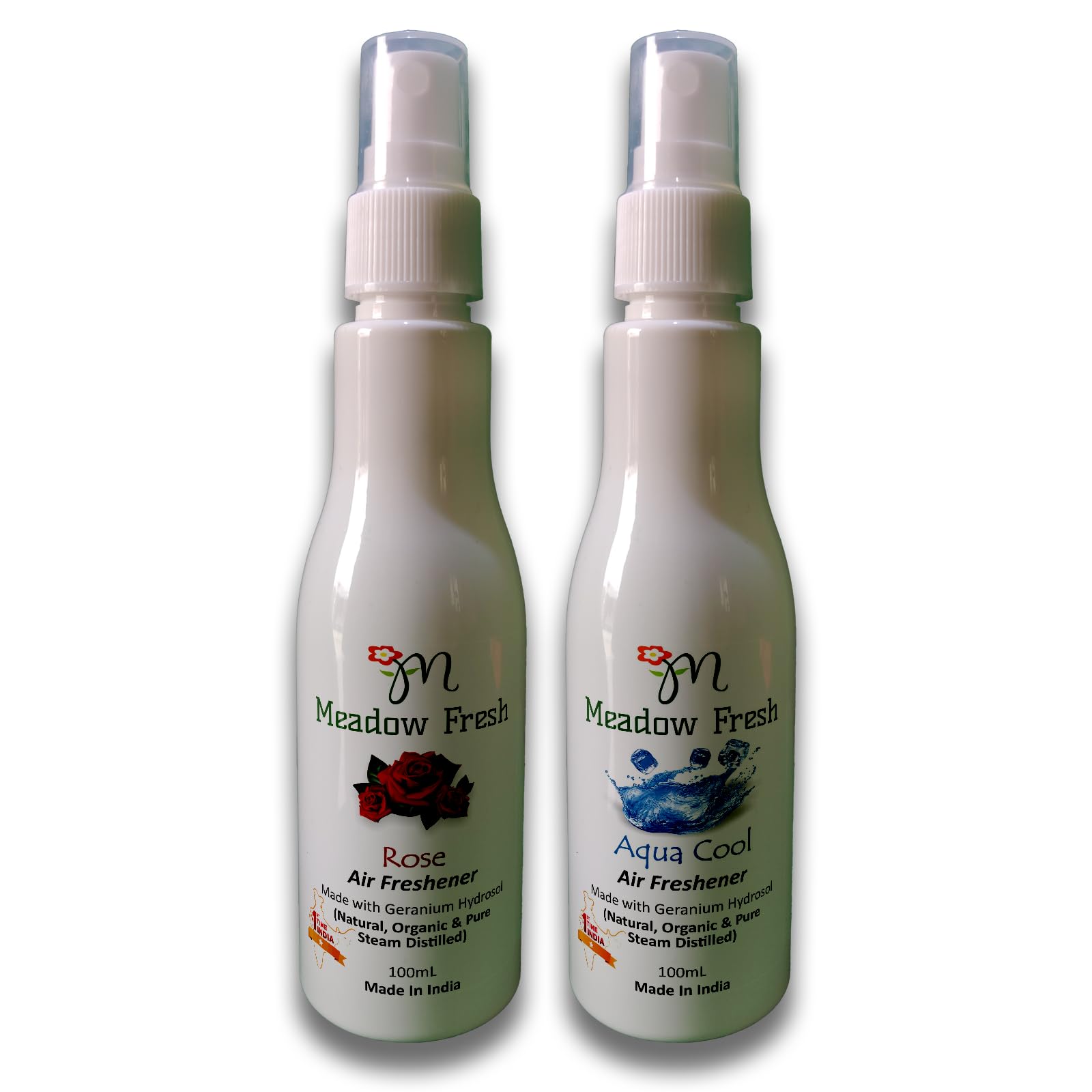 Meadow Fresh Air Freshener Spray Combo Rose, Aqua Cool, (Made with Geranium Hydrosol) 2 X 100 ml, Chemical Free, No Alcohol, No Gas