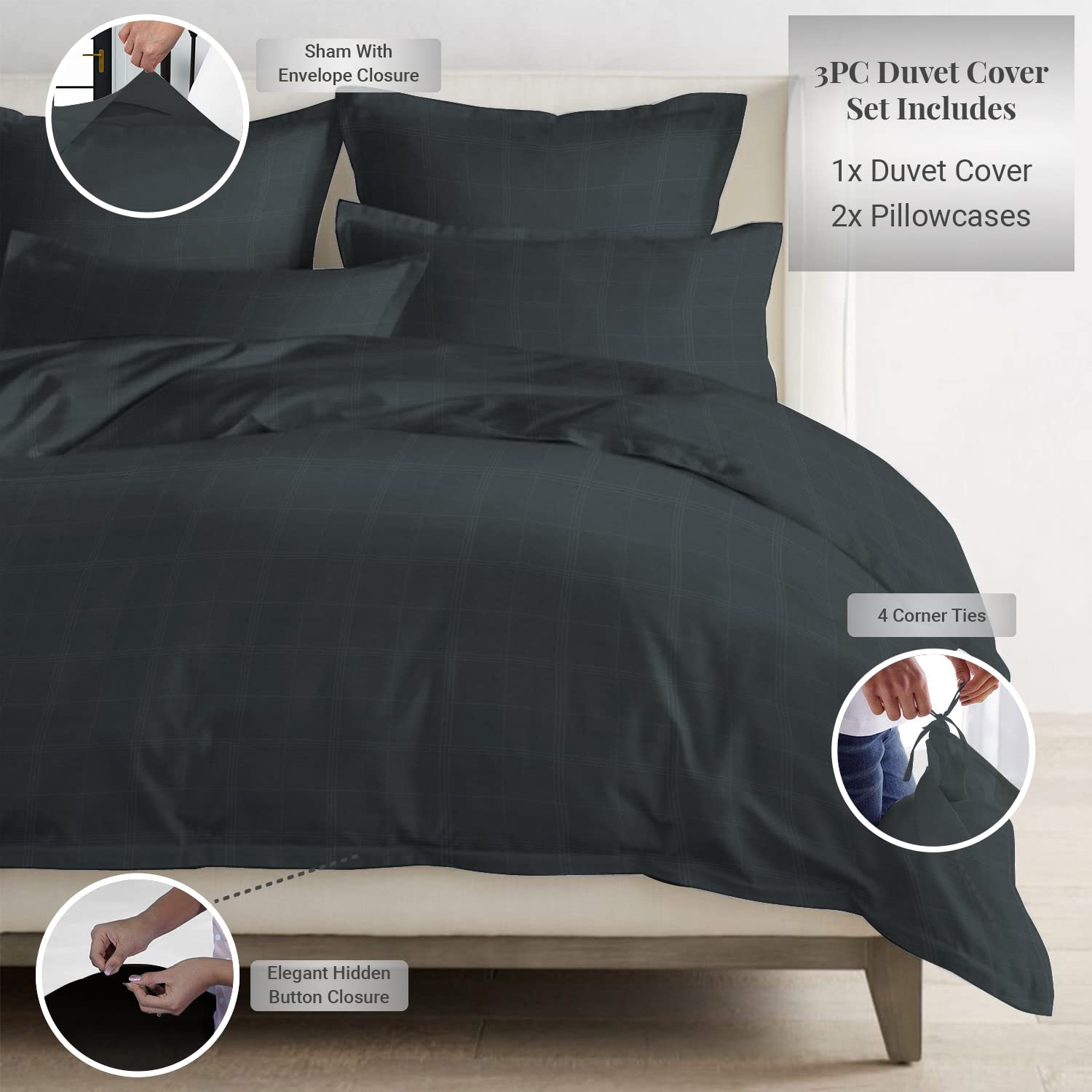 Pizuna 300 Thread Count Cotton Checked Double Duvet Cover Set Anthracite Grey, 100% Long Staple Cotton - Image 3