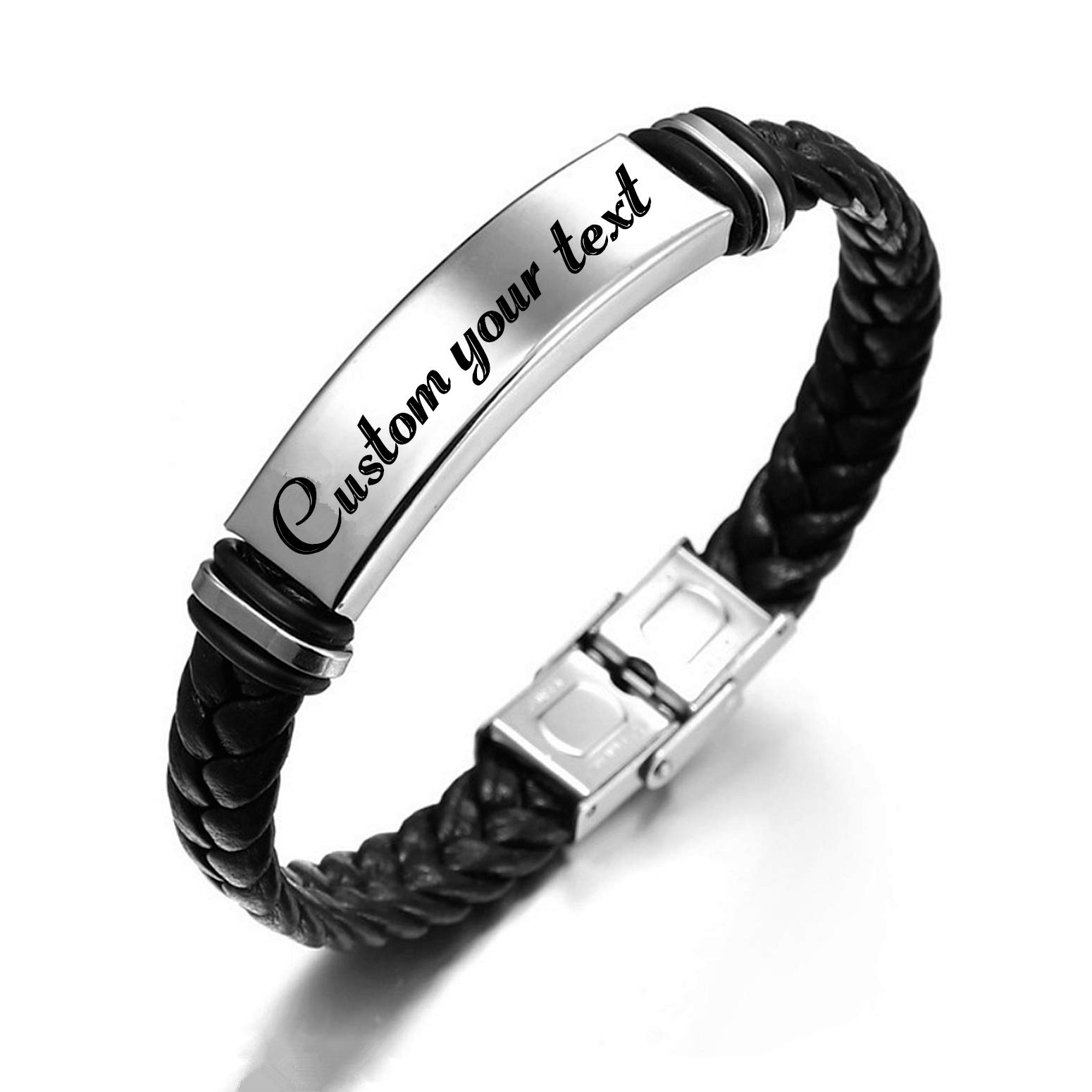 JUPPE Classic Adjustable Black Leather Bracelet, Personalized Engraved Leather Bracelet Bangle Ideas Gift For Men Women