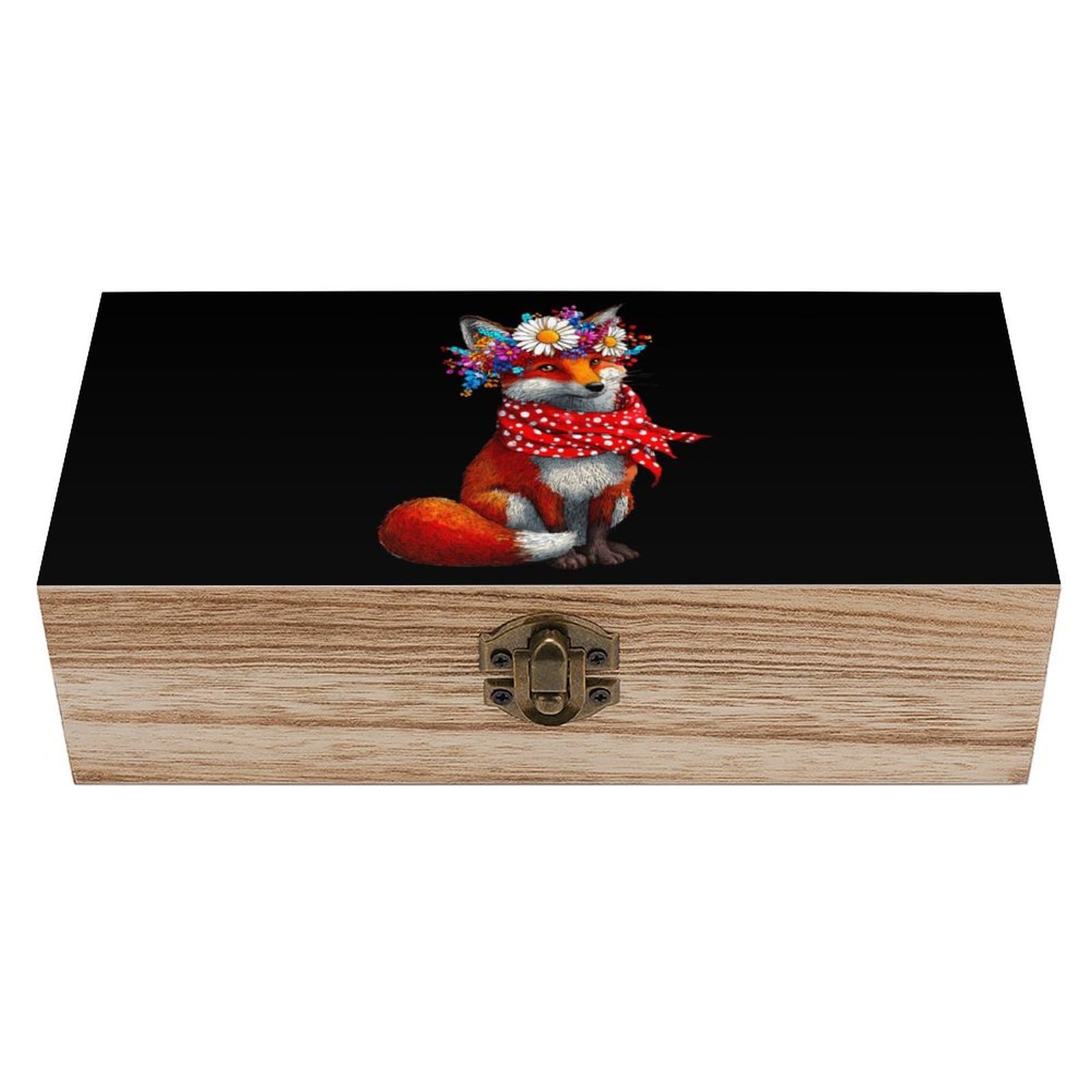 Fox Flowers Wooden Box with Hinged Lid Decorative Storage Case Container