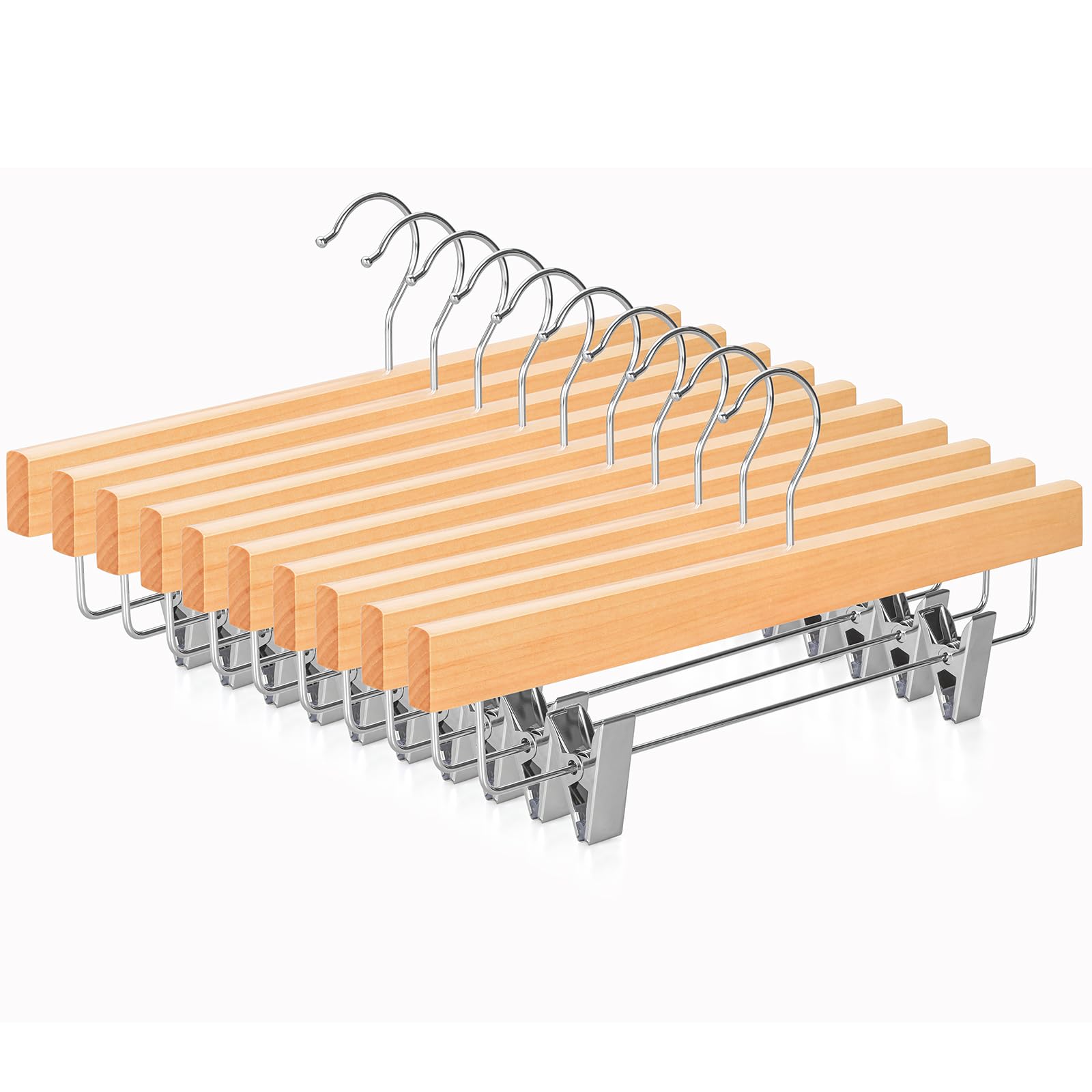 TOPIA HANGER Perchas de madera de loto para pantalones, falda de madera natural, para pantalones cortos con superficie lisa, gancho giratorio de 360°, antioxidante, 2 clips ajustables, paquete de 10