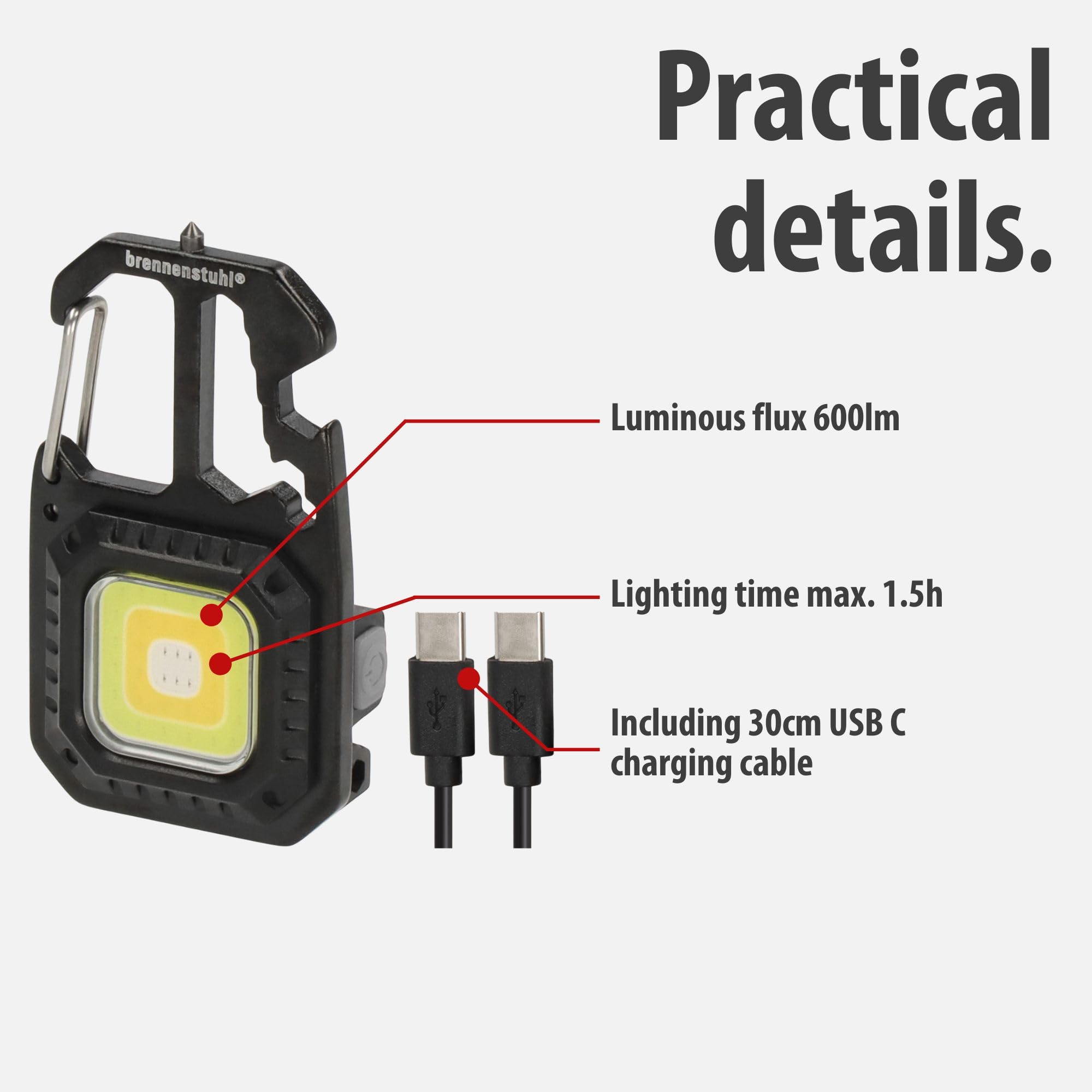 Brennenstuhl Mini LED Torch MTL 600 A (Rechargeable Work Light 600lm, 7 Light Modes, Key Ring, Bottle Opener - Image 3