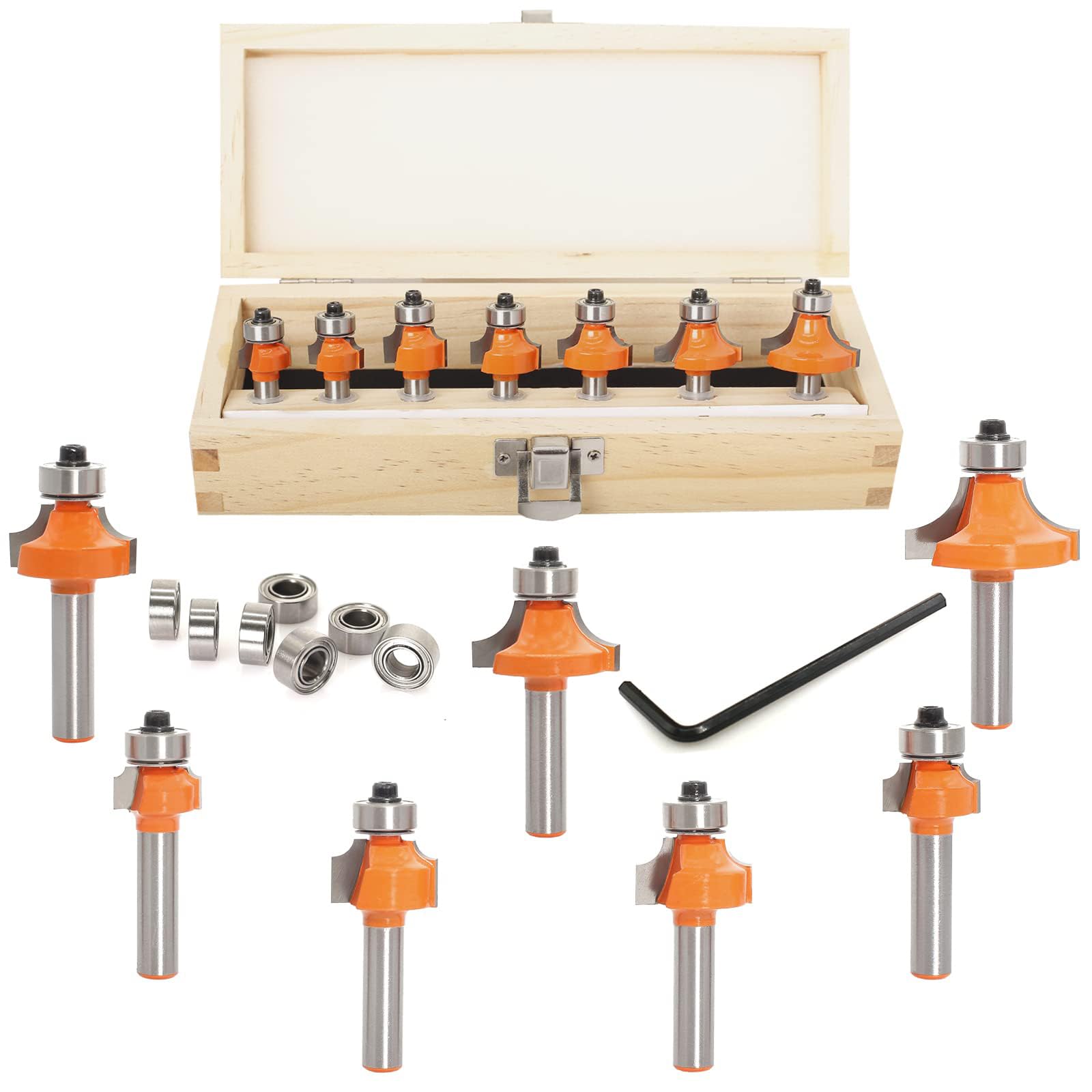 Jeu de 7 Fraises à Arrondir Quart-de-Rond pour Défonceuse – Queue 8 mm, Rayons 2/3/4/5/6/8/10 mm, Roulements Interchangeables 9,5 & 12,7 mm, Fraises Carbure pour Bois MDF Contreplaqué