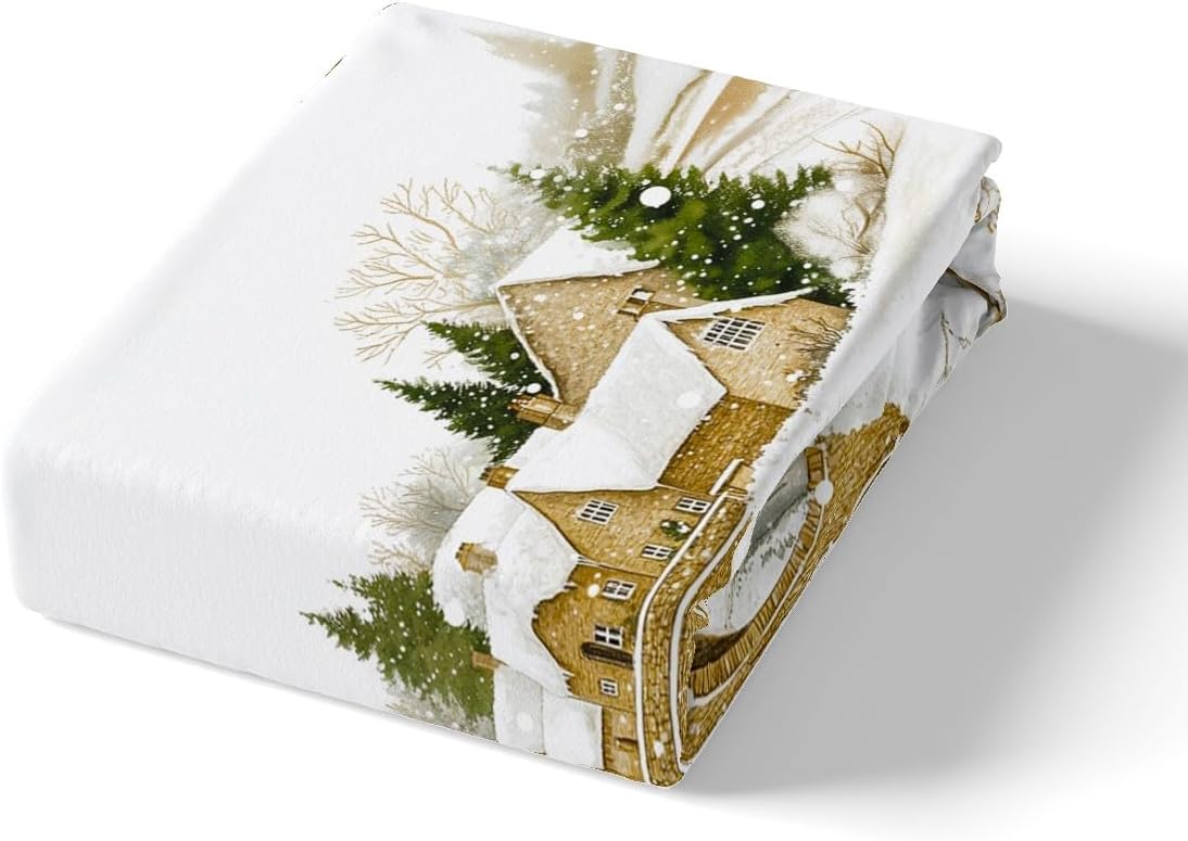 Homewish Merry Christmas Duvet Cover Set Toddler Size,Rustic Xmas Gifts Red Floral Reversible Quilt Cover for Kids Boys Girls Green Pine Leaves Winter Town Bedding Set with 1 Pillowcase,No Comforter