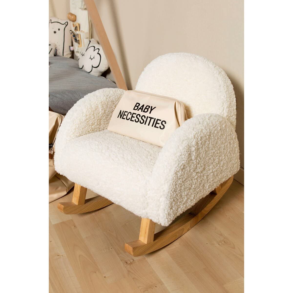 Childhome, Schaukelstuhl für Kinder, bequemer Sessel, Holzsessel, Design, robust, sicher, Sessel mit Armlehnen, Teddy weiß