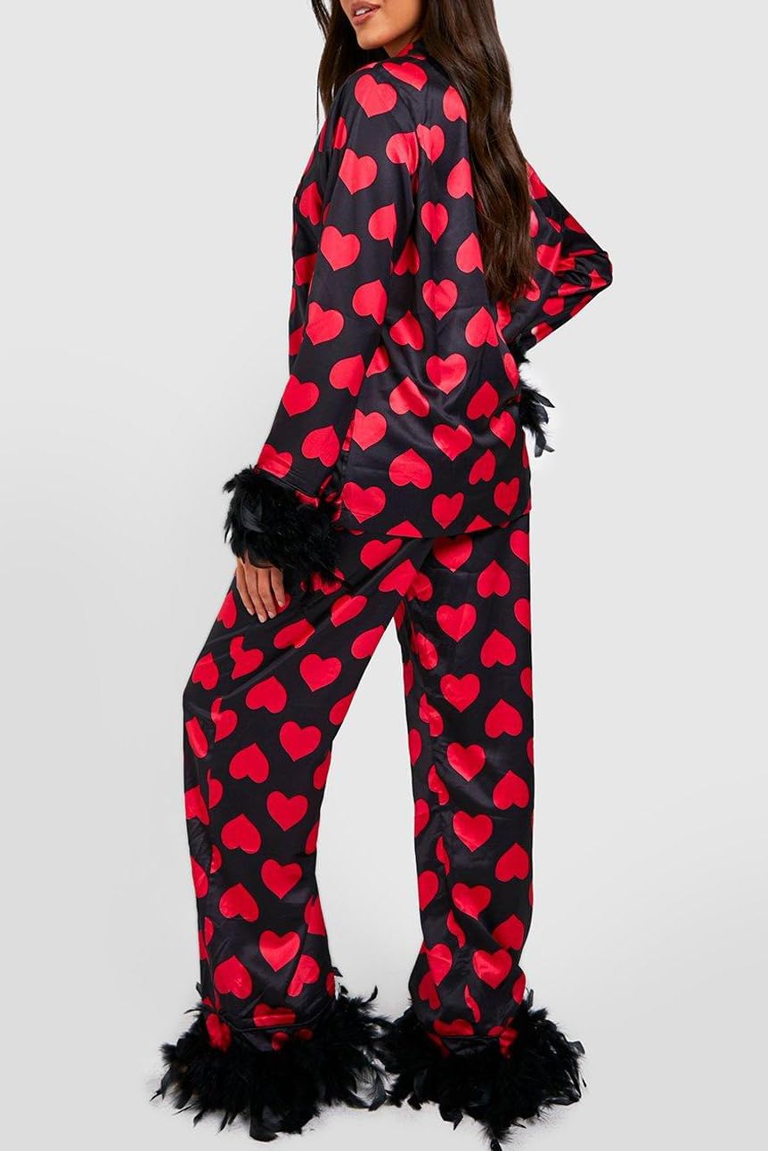 Women's Satin Silk Pajamas Sexy Feather Trim Long Sleeve Button Up Pjs Shirt Sleep Pajama Pants 2 Piece Lounge Sets - Image 3