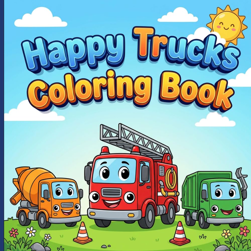 Happy Trucks Coloring Book: Cute Coloring Book for Toddlers and Kids Ages 3-7 Simple and Easy Dump Trucks and Diggers with Big Smiling Faces