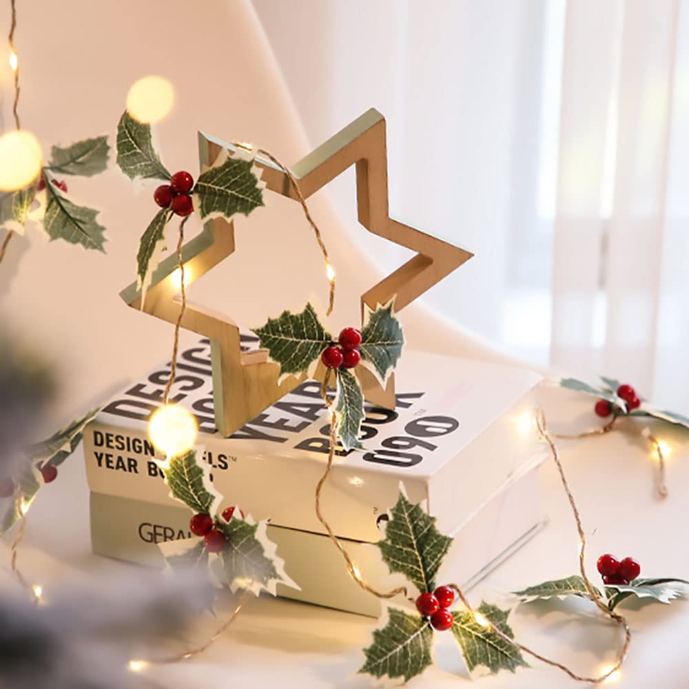 Guirnalda de Navidad con luces, 20 luces LED de 6.56 pies, funciona con pilas, guirnalda de hojas de bayas rojas, guirnalda de árbol de Navidad, decoración de interiores, luces cálidas para