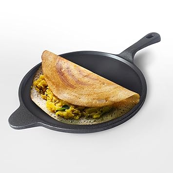 Kichera 10Inch Pre Seasoned Cast Iron Dosa Tawa/Pan with a Long Handle