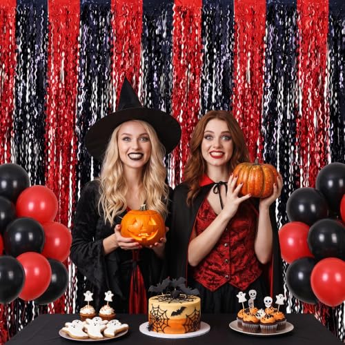 Image of TONIFUL 2Pcs Wavy Black Red Metallic Foil Fringe Curtain Laser Streamers