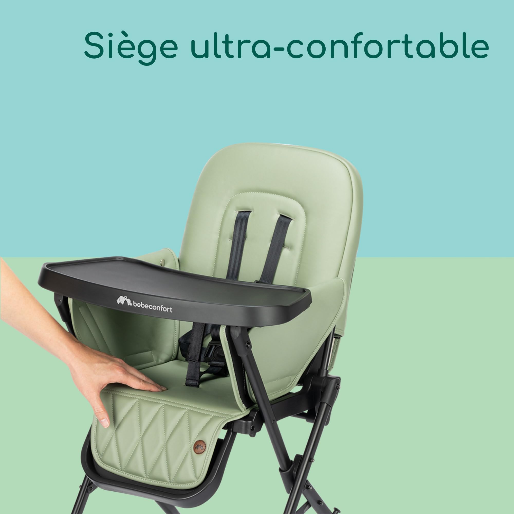 Bebeconfort Mallow, Chaise haute bébé, 0-3 ans, 0-15 kg, Pliage ultra compact, Siège rembourré confortable, Facile à nettoyer, Légère (5,6 kg), Pliage rapide facile d'une seule main, Mineral Green
