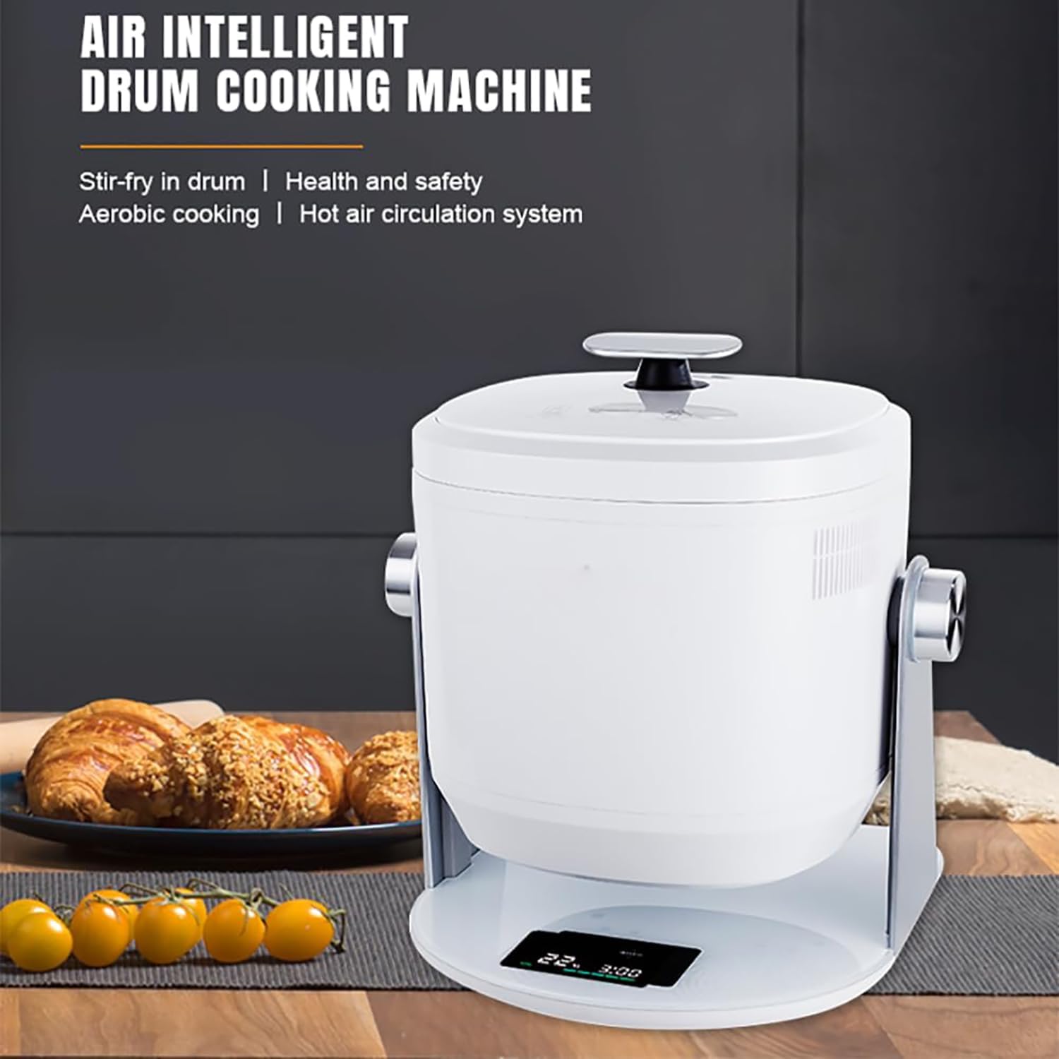 Máquina de cocción automática, tambor inteligente para freír y guisar, rotación de 360° con pantalla digital, ángulo de inclinación del cuerpo ultra ancho, aparato de cocina versátil