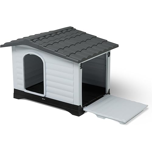 Amazon Basics Plastic Dog House for Large Dogs - Easy to Assemble & Detachable Structure, Indoor/Outdoor Use, Elevated Floor,Durable & Waterproof,Side Door Access,Undulating Roof Design