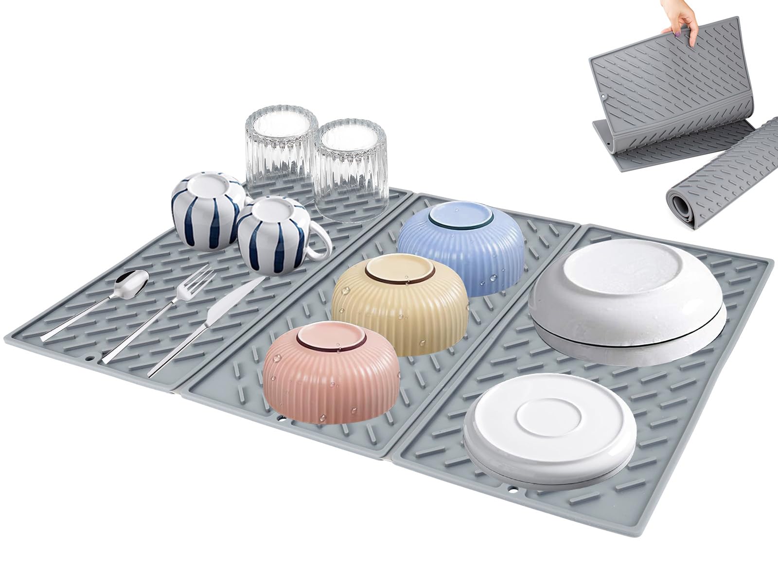 GOTFUN 2 Alfombrillas De Silicona Para Secar Platos, 40 X 30 Cm Con Cepillo, Tapete De Secado De Platos Multifuncional, Tapete Escurridor De Fregadero Para Encimeras De Cocina, Color Negro