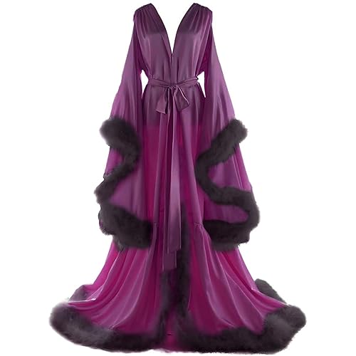 Daily Life Mall Women's Feather Bridal Robes Old Hollywood Maternity Photoshoot Nightgown Silk Bathrobe Long Lingerie