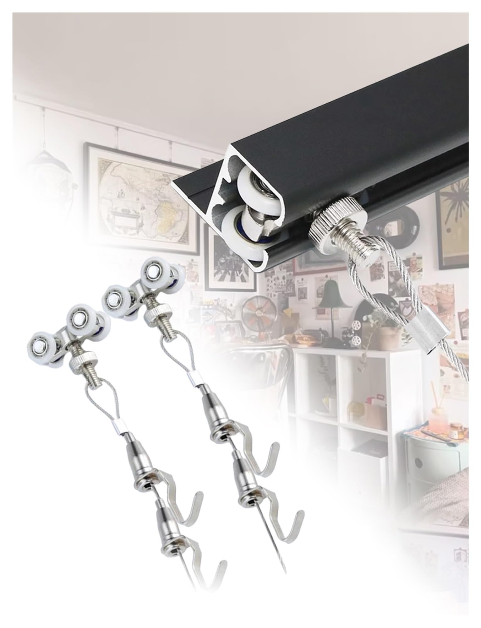 Rail d'accrochage pour tableaux, Kit de rails de suspension for tableaux, longueur 50 à 240 cm, avec cordes et crochets en acier(55cm/21.65in)
