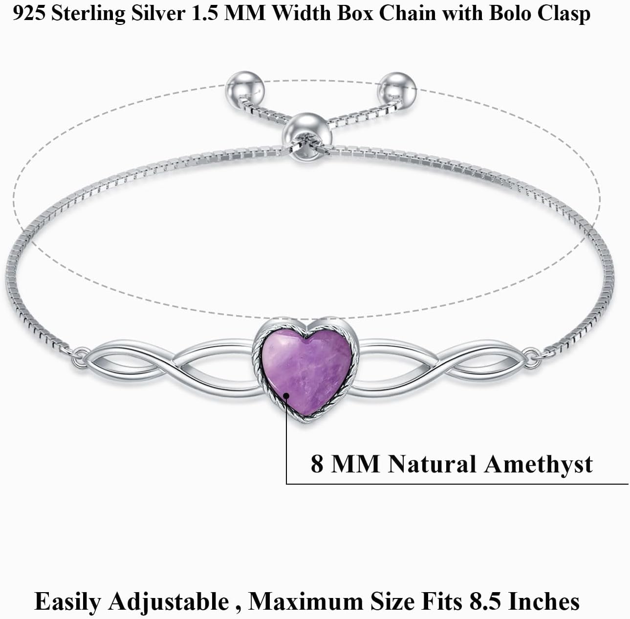 Genuine Heart Gemstone Adjustable Bracelet for Women with Infinity 925 Sterling Silver Box Chain Jewelry 6.5 to 7.5 Inch
