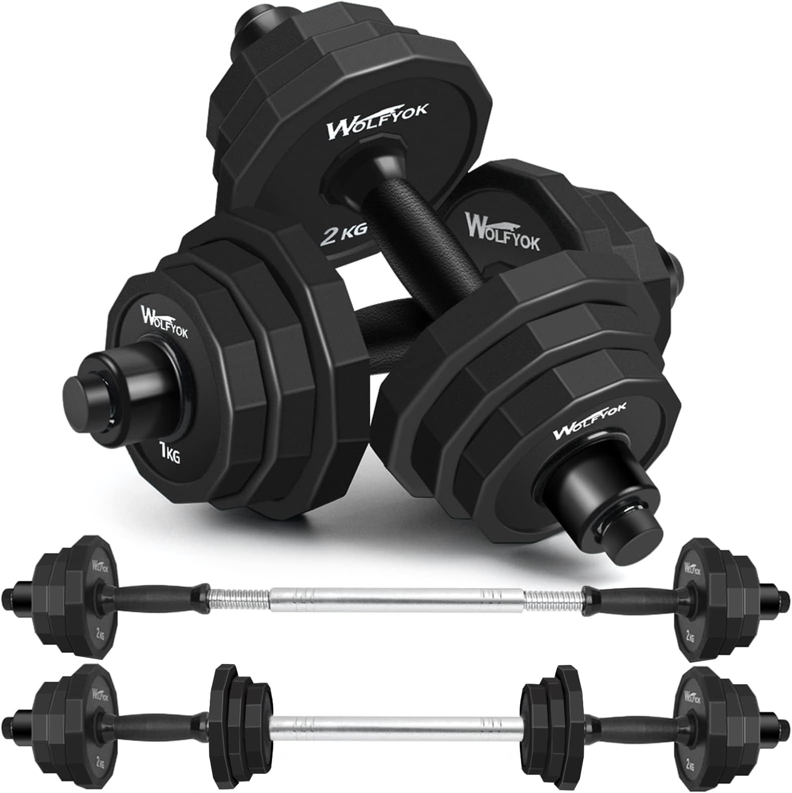 wolfyok 44Lbs Dumbbells Set, Adjustable Weights Solid Steel Dumbbells Pair for Adults Home Fitness Equipment Gym Workout Strength Training with Connecting Rod Used as Barbell1