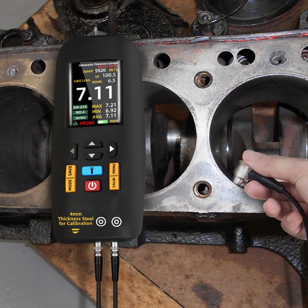 Ultraschalldickenmesser, Messbereich 1 bis 300 mm mit Farbdisplay, mit Sonde zur Messung von Metall, Stahl, Silber, Kunststoff, PVC