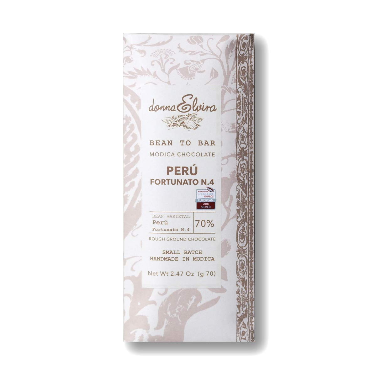 Bean to bar Modica Chocolate single origin Perù Fortunato N°4 | Soy-Free, Vegan, Gluten Free, Non-Gmo, Not-refined, cold-processed | Made in Sicily (Italy)