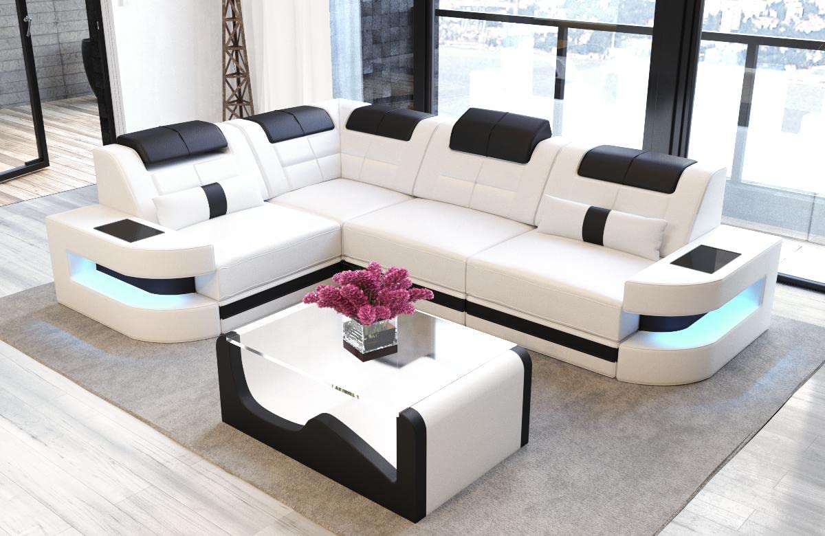 Sofa Dreams Ecksofa Como L Form Ledersofa - mit LED Beleuchtung, verstellbare Kopfstützen, Lederfarben wählbar/Ausrichtung wählbar (Ecke Links, Weiß-Schwarz)
