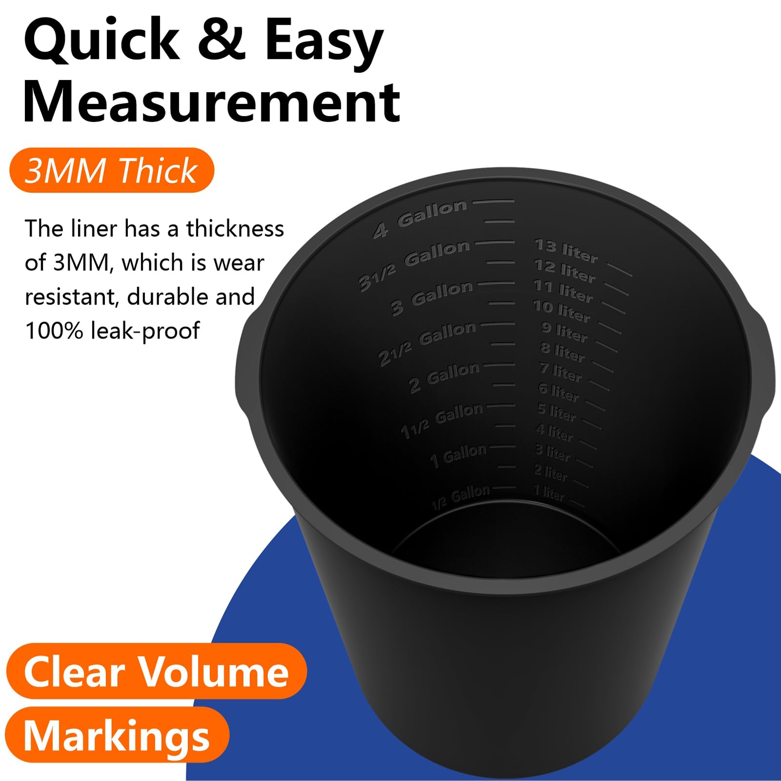 2 forros de cubo de goma reutilizables de 5 galones para mezcla de hormigón y Thinset con medidas graduadas (negro, 5 galones)