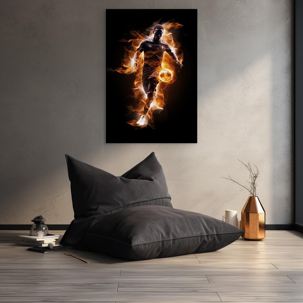 Canvas for Living room. Flaming Soccer Skills Ignite the Field in Jersey 20, 27 x 18 inch Canvas Wall Art - Ready to Hang