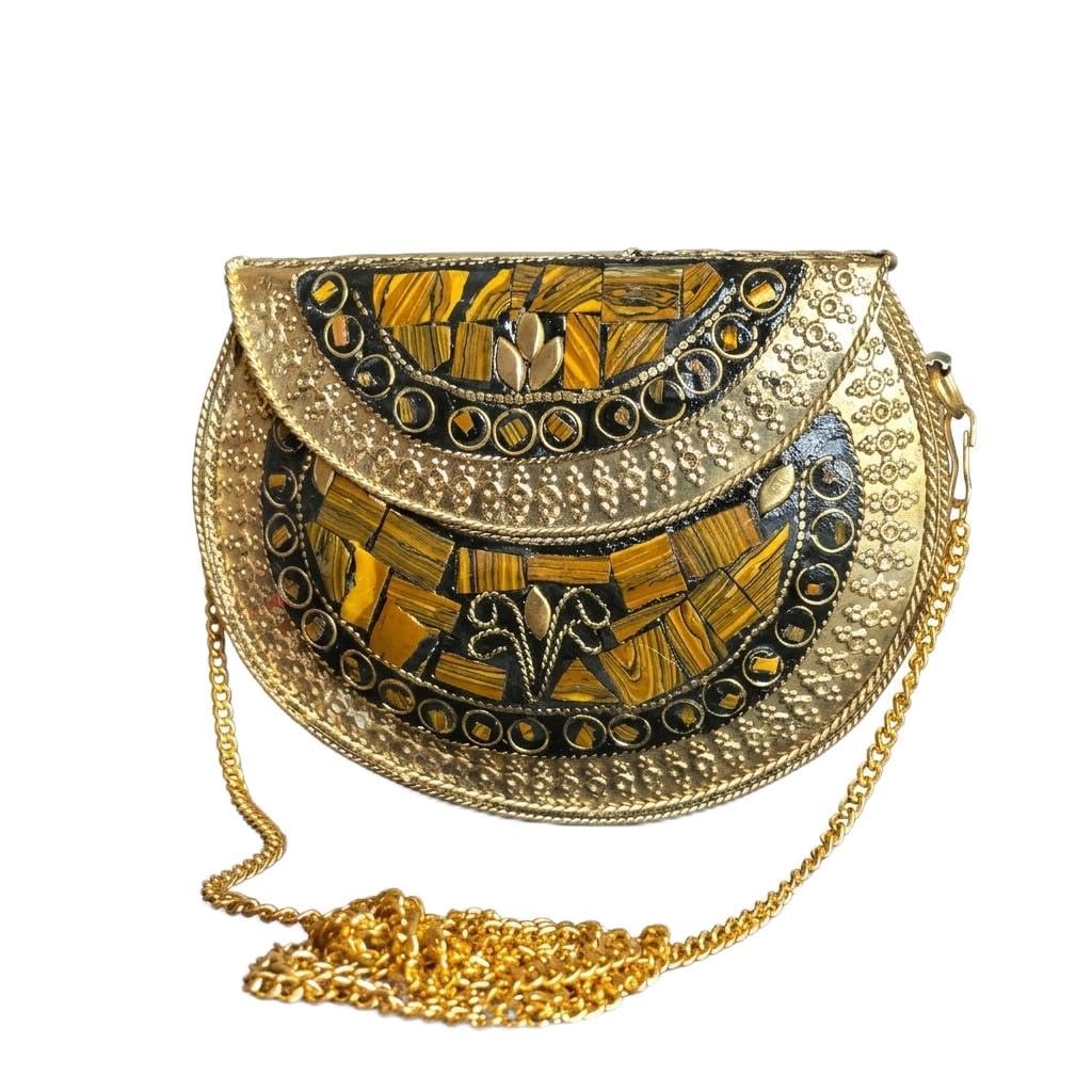 Clasera Designer Clutch Bag for Women | Traditional Gold-Tone Metal Sling Purse with Mosaic Stone Work & Chain Strap | Ethnic Party, Wedding, Festive & Bridal Handbag-image-20