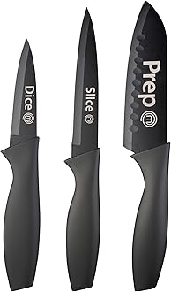 MasterChef Kitchen Knives Set of 3 for Cooking - Chef Knife, Paring Knife & Utility Knife with Professional Sharp Stainless Steel, Non Stick Coated Blades & Soft Touch Handles for Easy Grip, Black