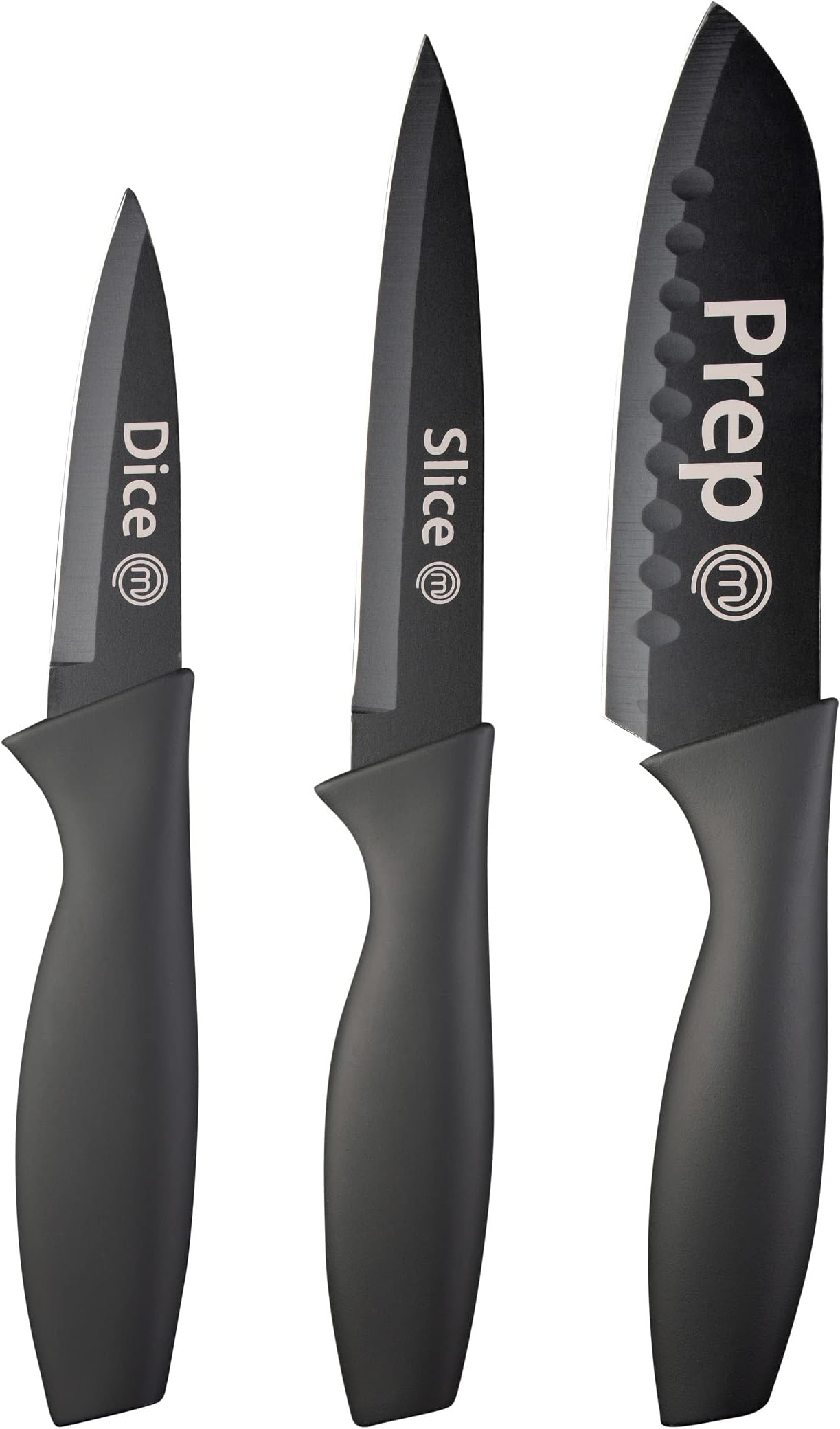 MasterChef Kitchen Knives Set of 3 for Cooking - Chef Knife, Paring Knife & Utility Knife with Professional Sharp Stainless Steel, Non Stick Coated Blades & Soft Touch Handles for Easy Grip, Black