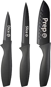 MasterChef Kitchen Knives Set of 3 for Cooking - Chef Knife, Paring Knife &amp; Utility Knife with Professional Sharp Stainless Steel, Non Stick Coated Blades &amp; Soft Touch Handles for Easy Grip, Black