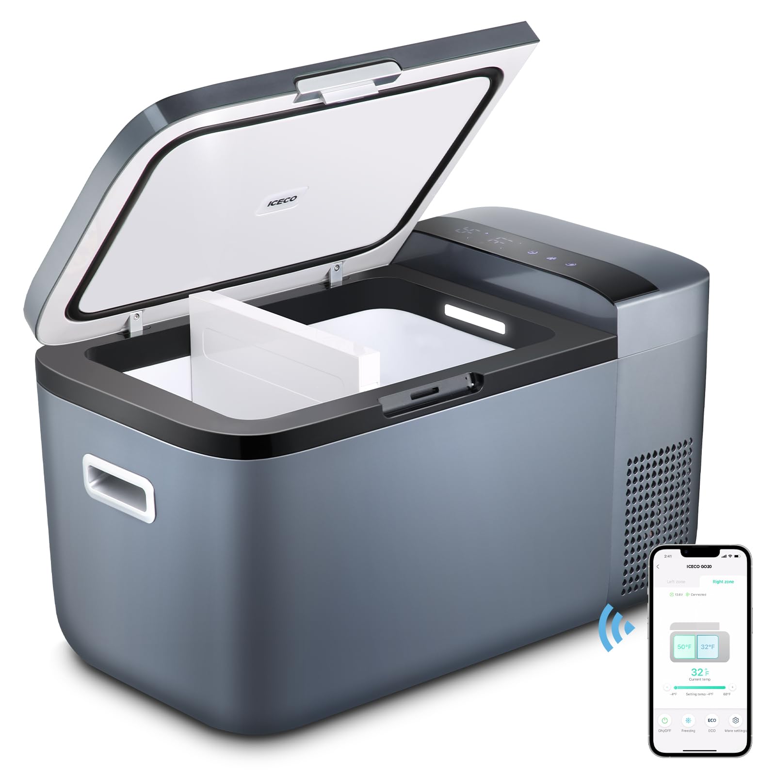 Refrigerador portátil ICECO GO20 de doble zona, 12 V, con compresor SECOP, CC 12-24 V, CA 100-240 V, 0 a 50 °C, para camioneta, RV, SUV, conducción al aire libre, 21 cuartos, gris