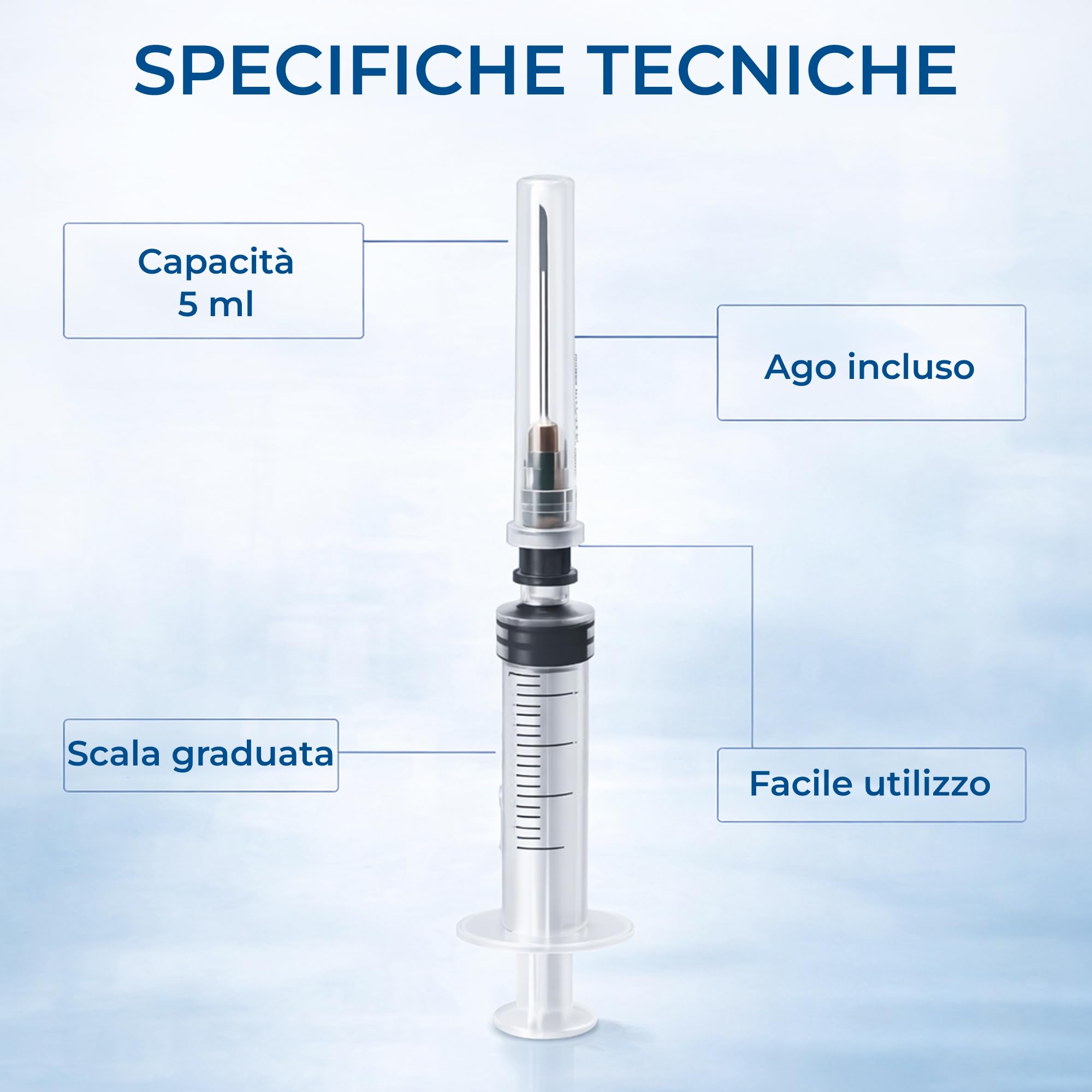 Siringhe con ago e tappo | 5ml - 100 pz | per dosaggio preciso di liquidi | Siringa graduata trasparente per uso tecnico e hobbistico