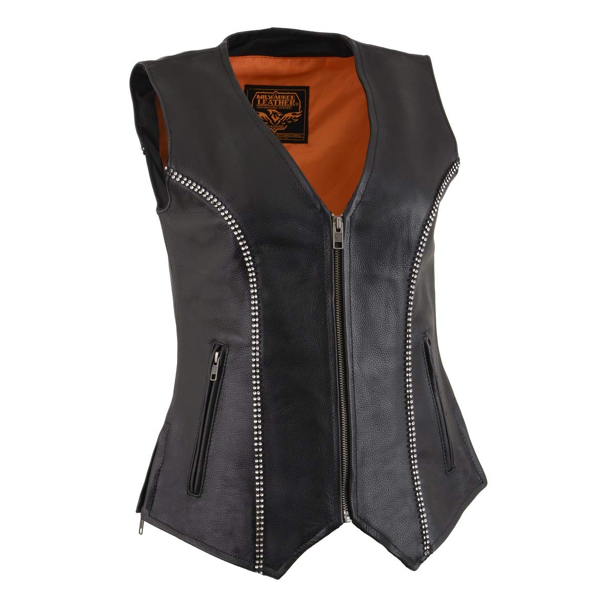 Milwaukee Leather MLL4502 Women's Black Leather Classic V-Neck Motorcycle Rider Vest with Rhinestone Bling Detail - X-Large