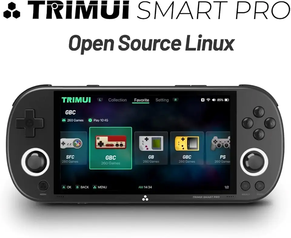 Mini Game Console Emulador Retrô Trimui Smart Pro, SD 64 GB, Tela HD IPS de 4,9 Pol, Sistema Linux, Gamepad sem Fio 2.4G/5G, Suporte a Mais de 5500 Jogos Clássicos, WiFi Bluetooth - Preto.