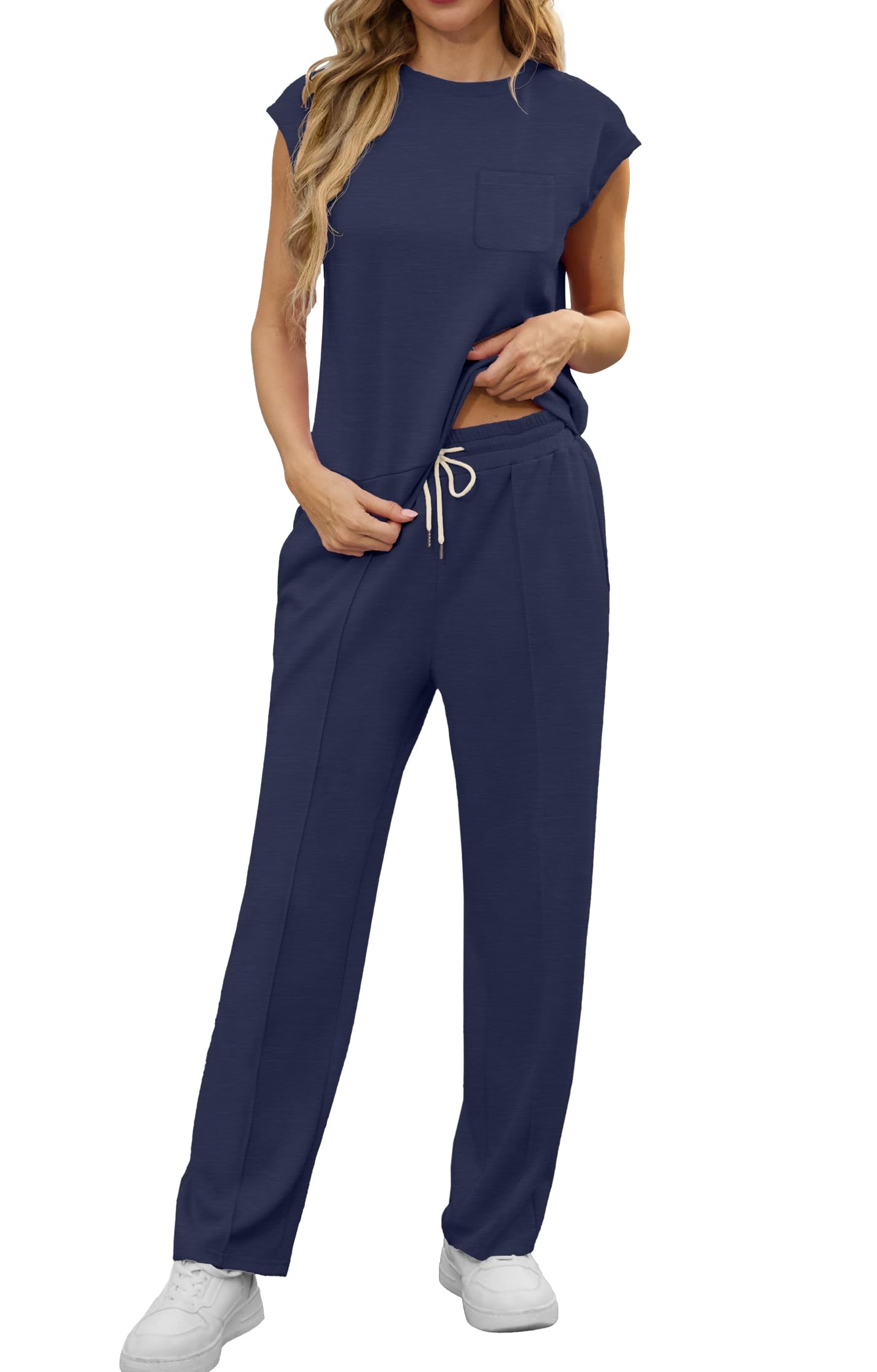 GRECERELLE Tuta estiva a maniche corte da donna, set completo, da donna, casual, girocollo, maniche ad aletta e pantaloni da jogging con tasche