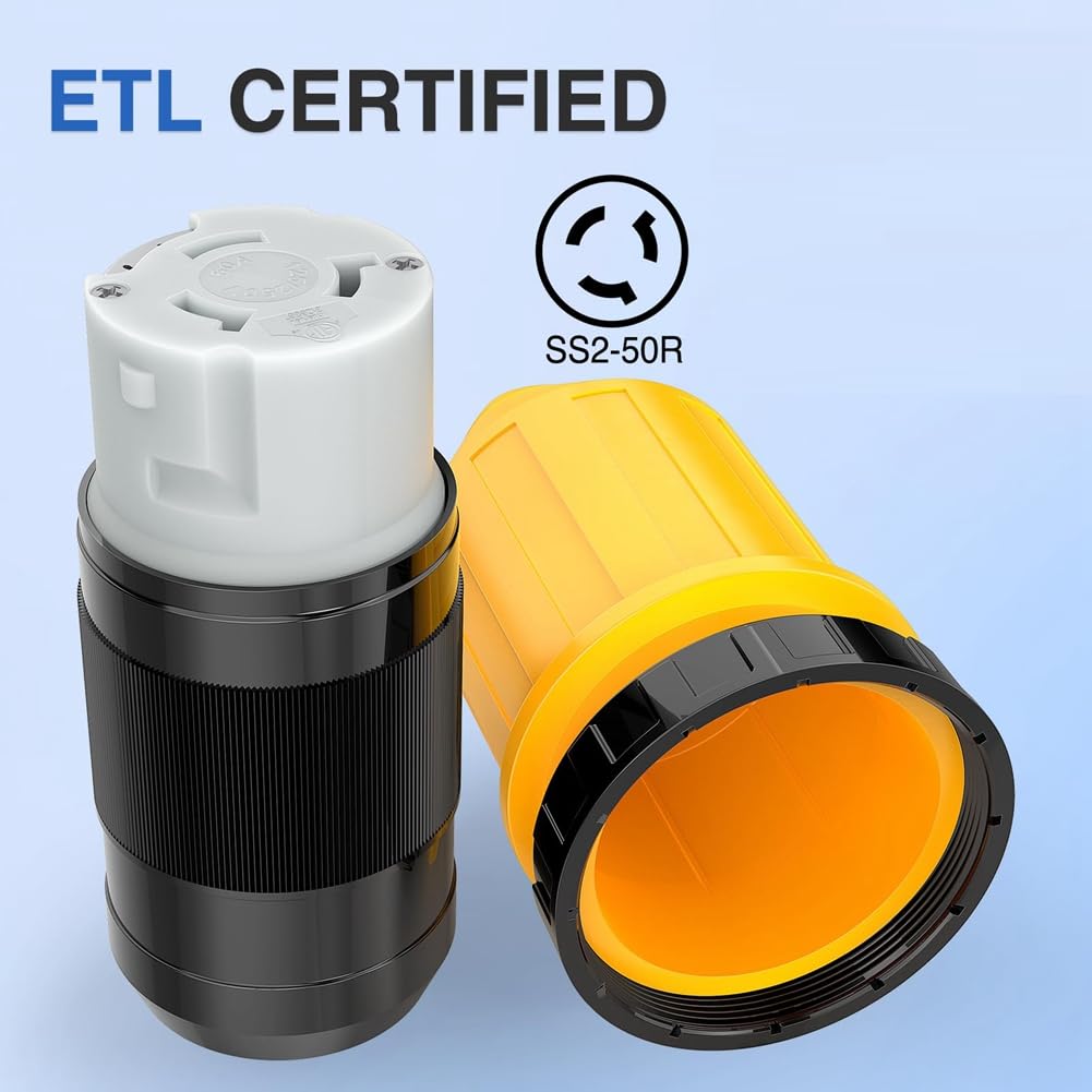 50 AMP RV Power Cord Twist Lock Connettore con copertura di bloccaggio per barca, nero e , plastica, 125/250 V, connettore femmina di bloccaggio