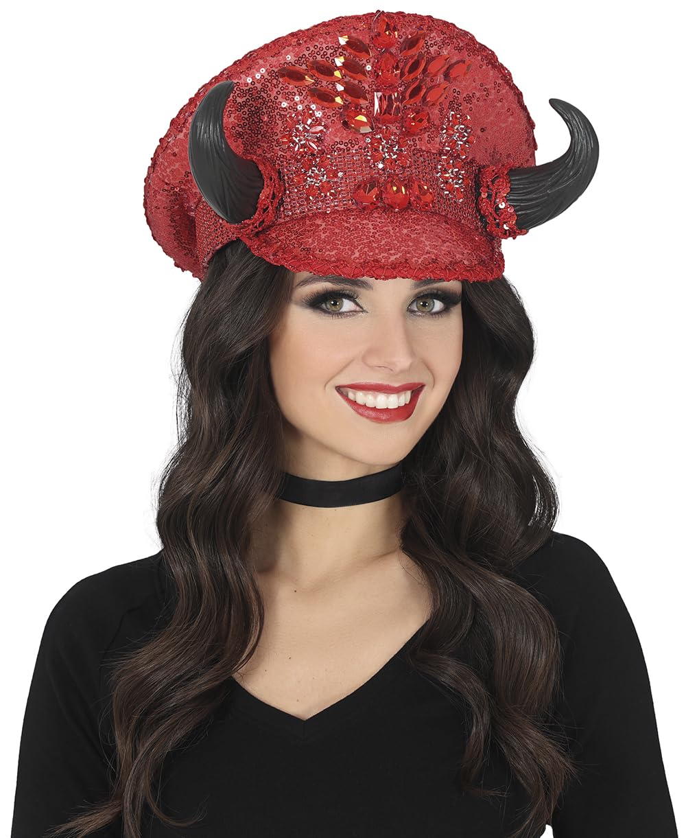 FIESTAS GUIRCA | Red Police Hat with Horns - Fancy Dress Accessory for Halloween and Carnival - Ideal for Costume Parties and Celebrations (Unisex Adult) - Red