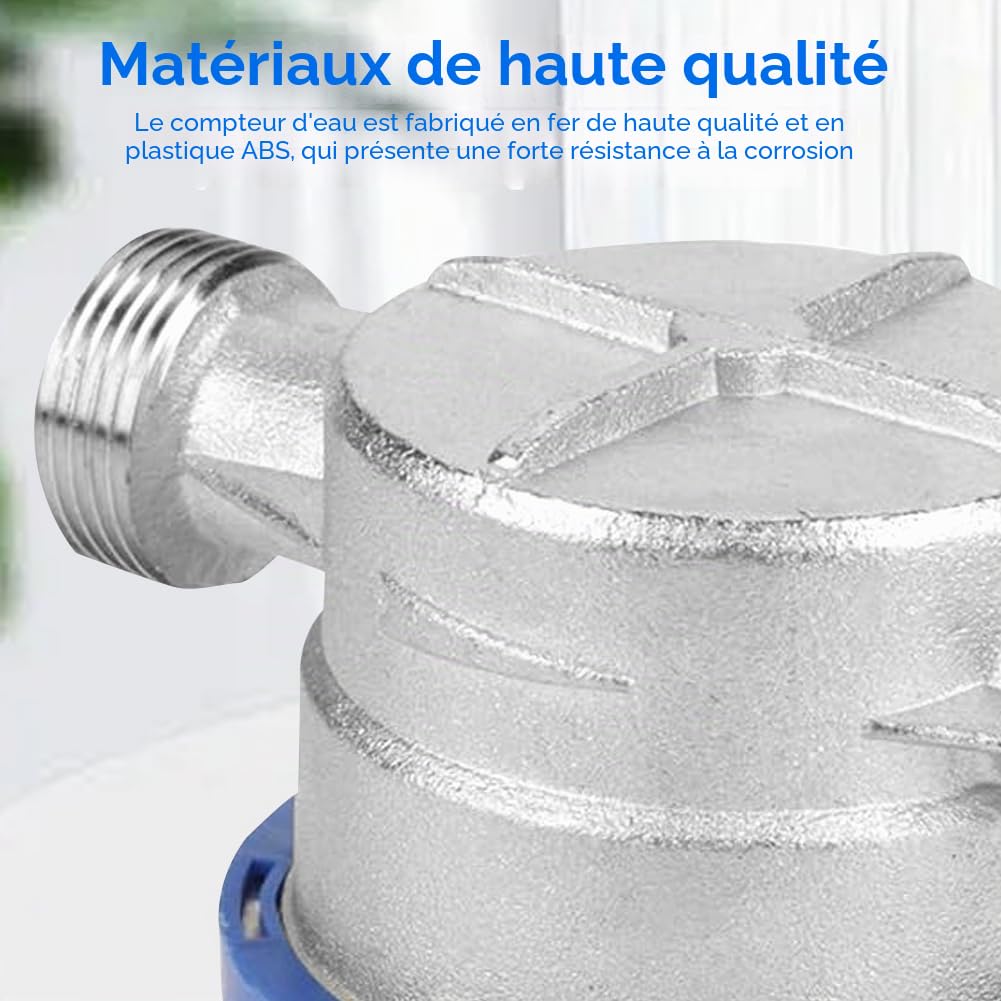 Compteur d'eau de jardin 1/2 pouce, compteur d'eau froide étalonné, compteur de robinet avec accessoires de montage et couvercle de protection, compteur d'eau froide domestique avec aiguille et