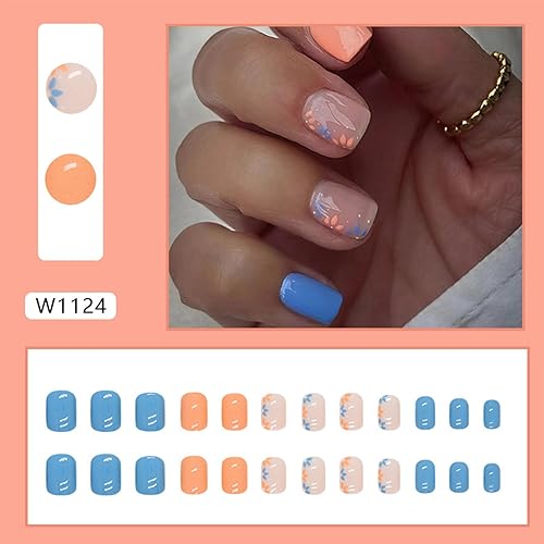 Miniatura 5 de Uñas postizas cuadradas cortas a presión, uñas postizas azules con diseño de ondas rojas, uñas adhesivas de cobertura completa, uñas acrílicas