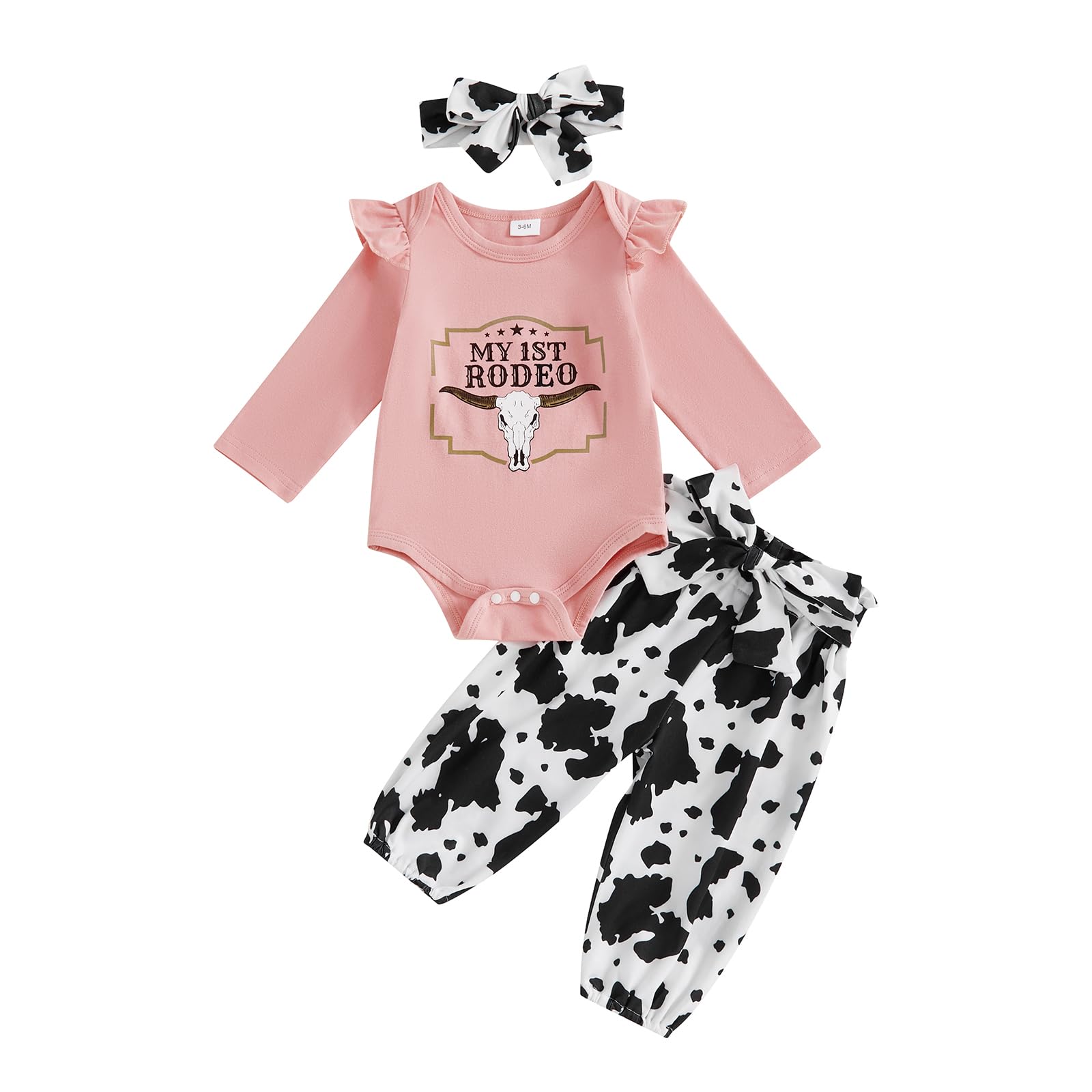 My First Rodeo Baby Girl Outfit Newborn Romper Pants Set | Infant Cowgirl Western Clothes Long Sleeve Romper Bell Bottom Pants 3Pcs Set 3-6 Months Pink-sleeve